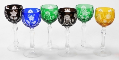 A set of six Bohemian coloured hock glasses, in blue, yellow, green (2), and amethyst (2).