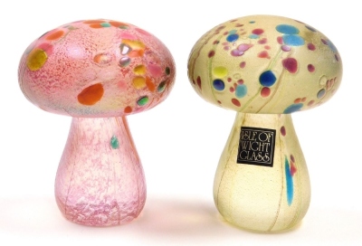 Four Isle of Wight glass 'Summer Fruits' paperweights, designed by Timothy and Jonathan Harris, comprising a mushroom, 6cm high, and a globular paperweight, 5cm, each in the goldberry colourway, and a bird, 4cm high, and a mushroom, 6cm high, each in the - 2