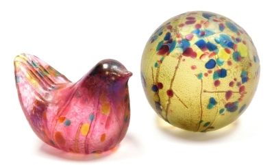 Four Isle of Wight glass 'Summer Fruits' paperweights, designed by Timothy and Jonathan Harris, comprising a mushroom, 6cm high, and a globular paperweight, 5cm, each in the goldberry colourway, and a bird, 4cm high, and a mushroom, 6cm high, each in the - 3