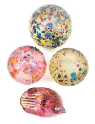 Four Isle of Wight glass 'Summer Fruits' paperweights, designed by Timothy and Jonathan Harris, comprising a mushroom, 6cm high, and a globular paperweight, 5cm, each in the goldberry colourway, and a bird, 4cm high, and a mushroom, 6cm high, each in the - 5