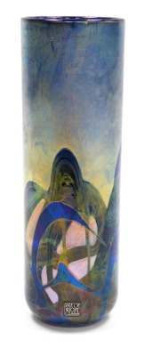 A Michael Harris Isle of Wight glass 'Nightscape' vase, of cylindrical form, decorated with iridescent trails against a blue ground, with paper label, 22cm high, boxed.