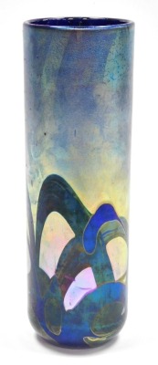 A Michael Harris Isle of Wight glass 'Nightscape' vase, of cylindrical form, decorated with iridescent trails against a blue ground, with paper label, 22cm high, boxed. - 2