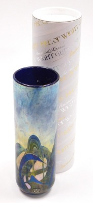 A Michael Harris Isle of Wight glass 'Nightscape' vase, of cylindrical form, decorated with iridescent trails against a blue ground, with paper label, 22cm high, boxed. - 4