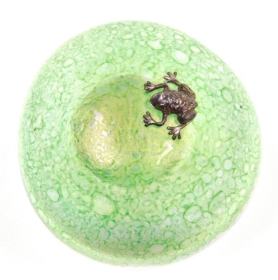 A green iridescent glass mushroom paperweight, possibly by John Ditchfield, decorated with an applied silver coloured frog, unsigned, 8cm high. - 2