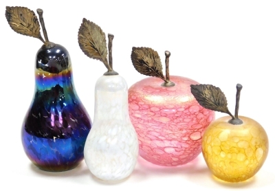 Four iridescent glass paperweights, possibly by John Ditchfield, two in the form of pears and two in the form of apples, each with silver coloured stalks, height of largest pear 11cm high, height of largest apple 8.5cm high. - 2