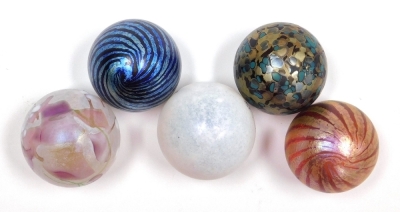 Five Isle of Wight glass orb paperweights, each of differing design and colourway, bearing paper labels, each 4.5cm high, all boxed. - 2