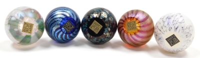 Five Isle of Wight glass orb paperweights, each of differing design and colourway, bearing paper labels, each 4.5cm high, all boxed. - 3