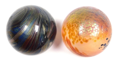 Two Glasform iridescent glass orb paperweights, each signed Glasform and initialled, 7cm high. - 2