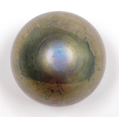 A Michael Harris Isle of Wight glass 'Nightscape' paperweight, of orb form, decorated with iridescent trails against a blue ground, with paper label, 7cm high. - 3