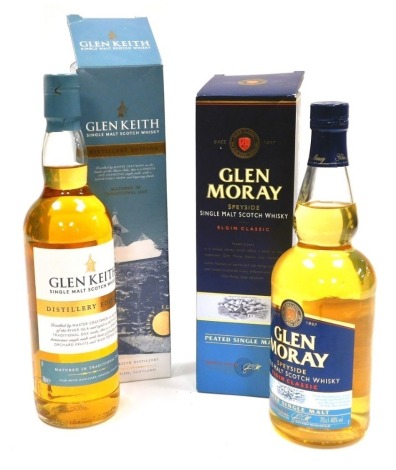 Two bottles of single malt Scotch whisky, comprising Glen Keith, 70cl, and Glen Moray, 70cl, both boxed.