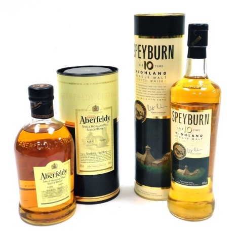 Two bottles of single malt Scotch whisky, comprising Aberfeldy, 12 years, 70cl, and Speyburn, 10 years, 70cl, both boxed.