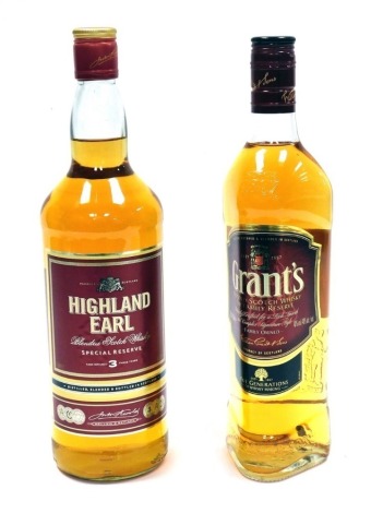 Two bottles of blended Scotch whisky, comprising Highland Earl, 1 litre, and Grant's, 70cl.