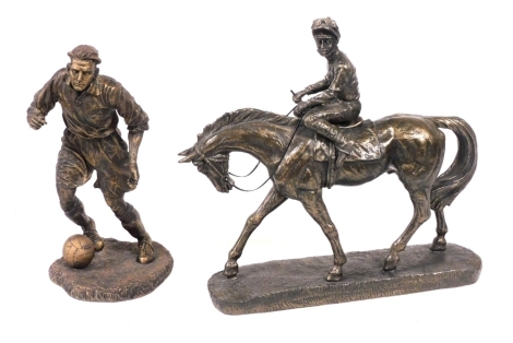 A Veranese bronzed figure of a horse and jockey, raised on an oval vase, 32cm wide, together with a Sherratt & Simpson bronzed figure of a footballer, no 57369, 26cm high. (2)