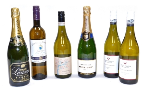 A group of alcohol, comprising a bottle of Lanson Black Label champagne, Monsigny Brut champagne, Hummingbird 2021 Verdelho, two bottles of Villa Maria Sauvignon Blanc 2021, and a bottle of Marques De Almeida 2020 Rias Baixas.