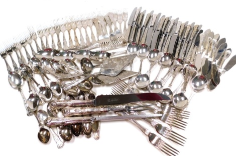 A suite of Kings pattern electroplated flatware, to include table knives and forks, dessert spoons, butter knives, teaspoons, soup spoons, etc. (1 tray)