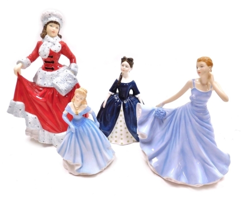 Four Royal Doulton porcelain figures, comprising Pretty Ladies Winter, HN5314, Flower Of The Month October Hydrangea Understanding, HN5509, From The Heart Love Of My Life, HN5454, and Debbie, HN2385.