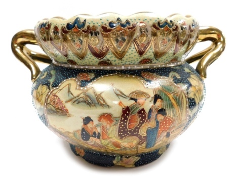 A 20thC Satsuma ware two handled jardiniere, decorated with reserves of figures, against a dark blue ground decorated with flowers, printed mark to underside, 19cm high.