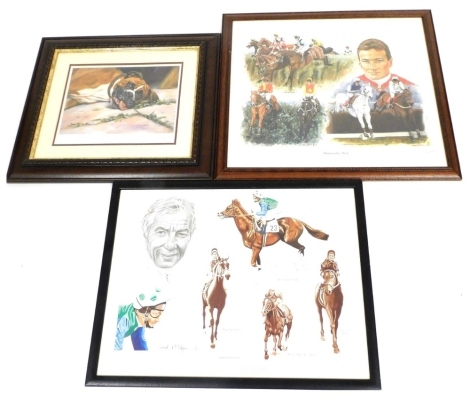 Two horse racing related prints, comprising after Peter Deighan, Dunwoody's Best, signed limited edition print number 224/850, 39cm x 48cm, and after Stuart McIntyre, tribute to Lester Piggott, print, 42cm x 46cm, together with after John Trickett, Out Fo