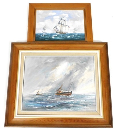 Wyn Appleford (1932 - 2016). Fishing Boats on Choppy Waters, oil on canvas, signed, 35.5cm x 45cm, together with a further nautical oil on canvas, instinctively signed, 25cm x 33.5cm.