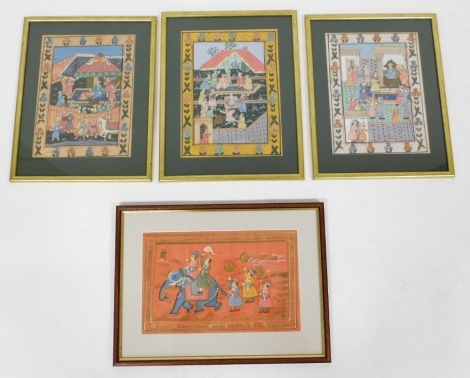 Four Indian paintings on silk, comprising figures in a palace garden contained in a floral border, 28cm x 20cm, two similar, and two figures on an elephant followed by three attendants, 20cm x 30cm.