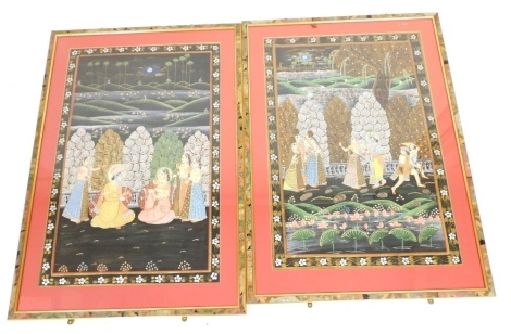 A pair of Indian paintings on silk, comprising figures dancing on a terrace surrounded by floral border, and figures kneeling, possibly marriage ceremony, each 74cm x 47cm.