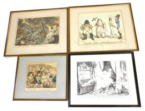 A group of satirical 18thC and 19thC satirical engravings, to include after Thomas Rowlandson, Walking Sticks and Roundabouts For The Year 1801, 25cm x 34.5cm., Destruction of the French Armada, 25cm x 38cm, etc.