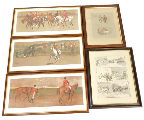 A group of equestrian related prints, comprising after Lionel Edwards, three hunting related works, Returning Home, Rails, and On The Way To The Meet, 22cm x 56cm, Recollections On A Run With The Blankshire, 25cm x 20cm, and The Royal Horse Guards Athleti