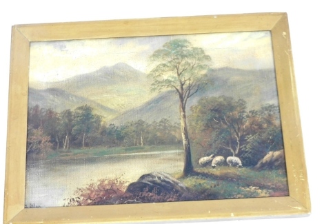 Late 19th/early 20thC School. Mountainous landscape with sheep grazing, oil on canvas, indistinctly signed Allan?, 24cm x 34cm.