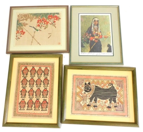 A pair of Indian Madhubani pictures, comprising a cat with fish, and a work depicting a repeat pattern of fish, coloured ink on paper, 25cm x 35cm, together with a Chinese painting on silk depicting a bird on flowering branch, red character mark, 32cm x 2