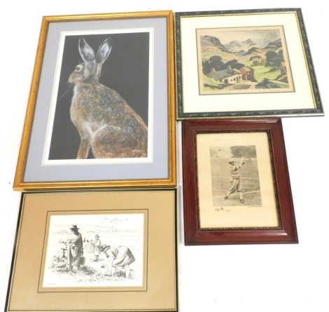 Four prints, comprising after James Priddey, View Of Snowdon, colour etching, 26cm x 30cm, print of a hare, art by R S Prime, signed limited edition print number 12 of 95, 52cm x 34cm, golfing related photograph, and after Julio Amaro, the black and white