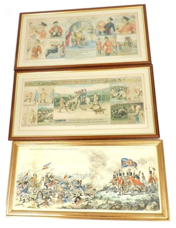 A pair of early 20thC prints, comprising Old King Cole and Widdecombe Fair, 26cm x 57cm, together with a colour print of the French invasion or Bonaparte landing in Great Britain, published 1803 by H Humphrey, 27cm x 62cm.