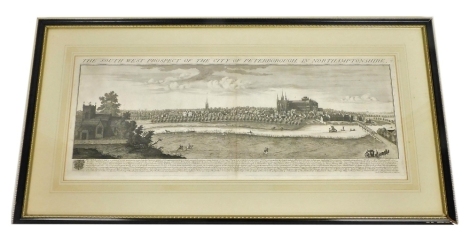 After Samuel and Nathaniel Buck. The south west prospect of the city of Peterborough, in Northamptonshire, black and white engraving, 31.5cm x 79cm.