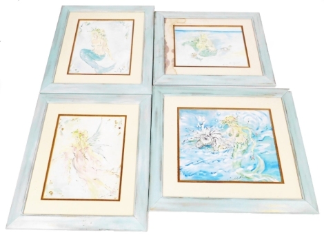 Carry Smith. Four depictions of mermaids, mixed media, signed, each approximately 49cm x 41cm.