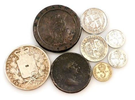 A group of Victorian and later silver coinage, to include a Victorian silver crown, two George V threepences for 1918 and 1919, 1899 shilling, etc., together with a George III 1797 cartwheel penny, etc. (a quantity)