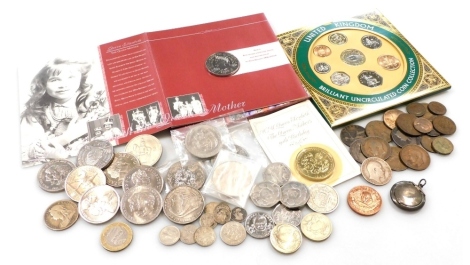 A group of pre decimal GB silver copper and other coinage, to include a 1901 half crown, Victorian and later threepences, copper pennies, commemorative crowns, a United Kingdom brilliant uncirculated coin collection for 1999, etc. (1 tray)