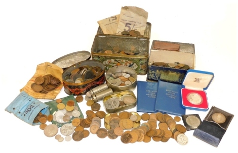 A group of GB pre decimal copper and other coinage, to include halfpennies, threepences, commemorative crowns, 6th February 1977 commemorative crown, pennies, some world coinage, etc. (1 tray)