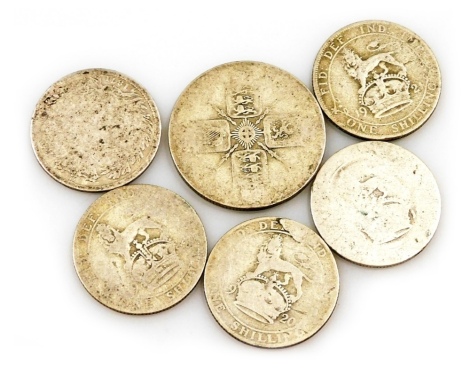 Five Victorian and later silver shillings, and a George V silver florin, all rubbed, 37g.