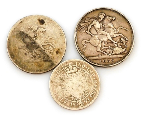 A group of silver coinage, comprising a George III crown, a Queen Victoria 1889 crown, together with a Queen Victorian 1893 half crown, 70.3g.