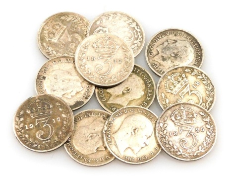 A group of silver Victorian and later threepences, dates for 1918, 1898, etc., 15.2g.