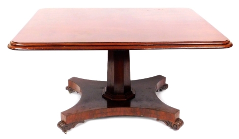 A Victorian figured mahogany rectangular breakfast table, with deep moulded border supported on an octagonal tapered column and flat quatrefoil base with scroll feet on castors, the top 140cm x 109cm, 74cm high.