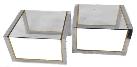 A pair of 20thC chrome and brass framed coffee tables, each with an inset glass top, 35cm high, 59cm wide, 50cm deep.