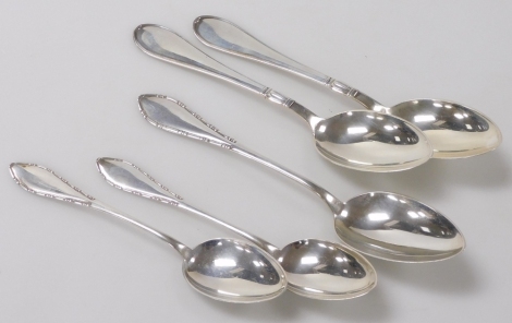 A pair of Danish silver tablespoons, together with a set of three Meyer spoons with a beaded and lozenge shaped terminal, comprising tablespoon and two dessert spoons, makers Meyer, Christian Heise and Johannes Siggaard, 6.18oz.