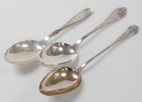 Three Danish silver table or basting spoons, each of differing design, by Christian Heise, and Johannes Siggaard, 6.08oz.