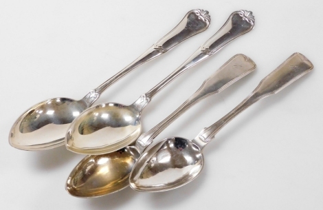 A pair of Danish silver dessert spoons, coronet and monogram engraved, AM and SG marks, together with a further pair of Johannes Siggaard dessert spoons, one monogrammed and dated 34, 4.71oz.