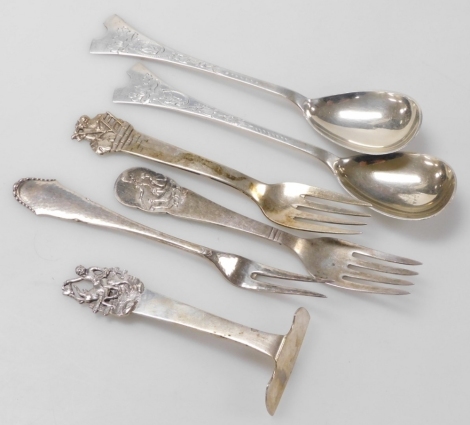 Six items of Danish silver tableware, comprising a baby's pusher with figural terminal, engraved Mark, by Johannes Siggaard, pickle fork by Christian F Heise, two child's forks, one with figural terminal, engraved Mark, by Johannes Siggaard, the other wit