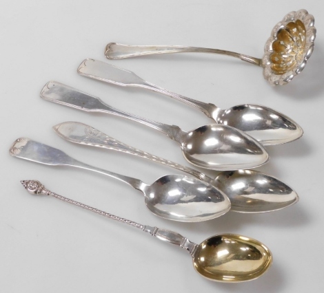 A group of Scandinavian white metal tablewares, to include a sugar sifting spoon, berry spoon, dessert spoons, etc., by J Heymann, Bors, Meyer and others, 6.94oz.