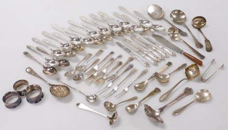 A group of Danish and other silver plated flatware, to include dessert spoons, pickle forks, ladles, berry spoons, butter knives, etc. (1 tray)