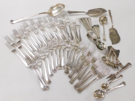 A group of Danish silver plated flatware, to include basting spoon, serving spoons, various dinner forks, fish slice, etc., many pieces initial engraved. (1 tray)