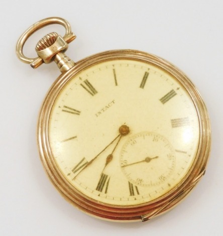 An Intact gentleman's pocket watch, open face, keyless wind, circular dial bearing Roman numerals, subsidiary seconds dial, the cuvette stamped 14k, and engraved Grand Prix Paris 1900 Medaille D'Or Geneve 1896, the case with engine turned decoration, stam