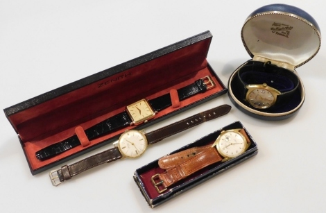 Four gentleman's gold plated wristwatches, comprising a Montine of Switzerland wristwatch, Zenith quartz wristwatch, Sicura wristwatch, and an Oris waterproof wristwatch.